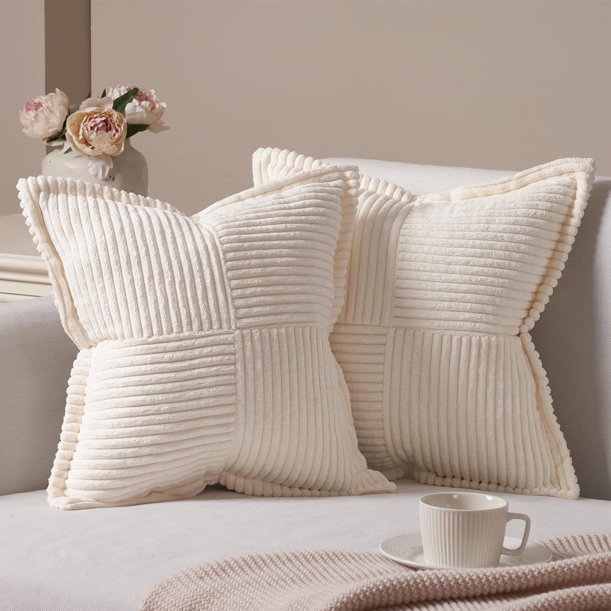Decoratie - Set van 2 - 40 x 40 cm - Fluweel - Modern - Met Rits - Crème en Grijs