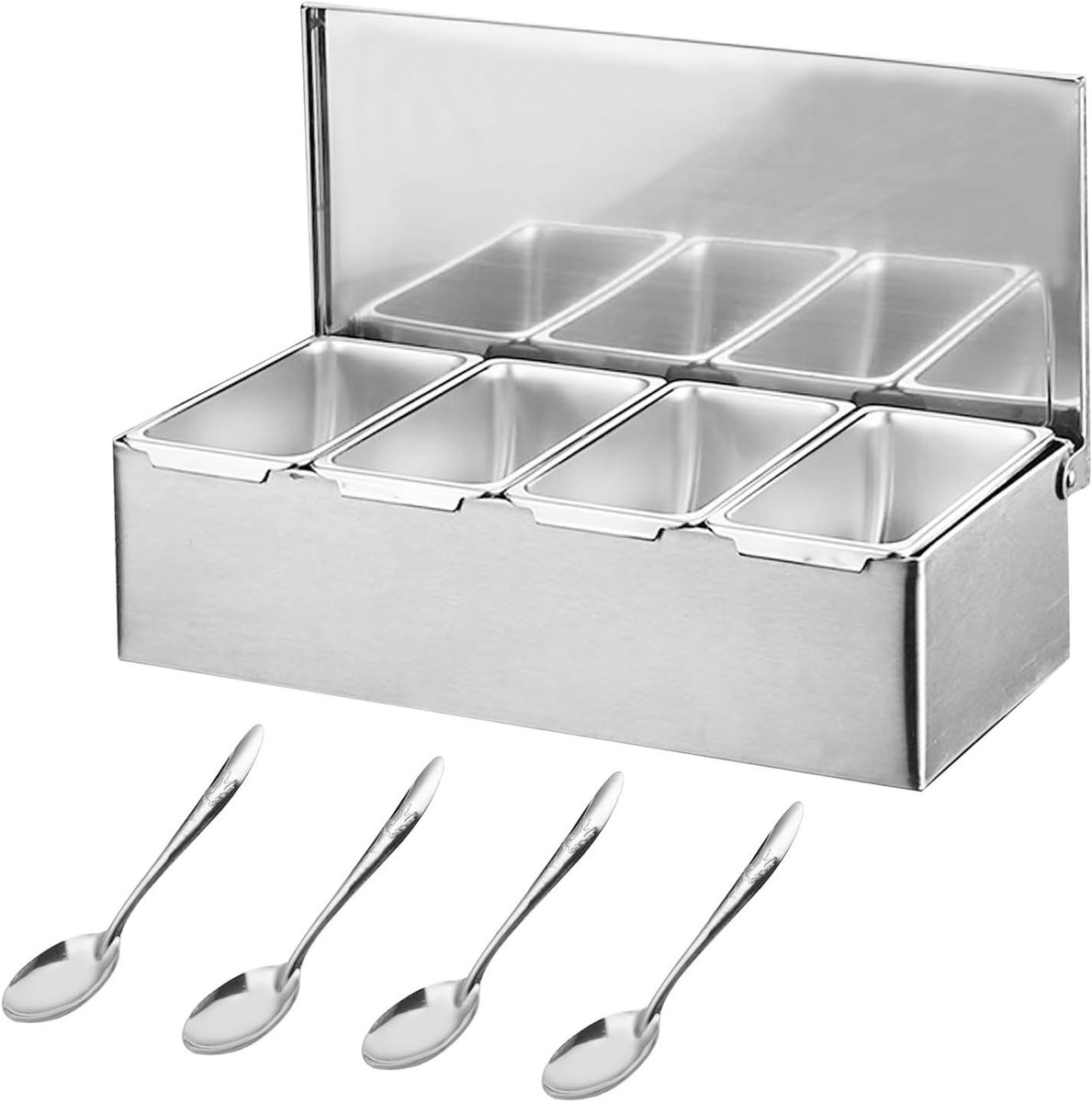 Ingrediëntenhouder met Deksel en Lepel, Specerijenbox, Houder voor Bijgerechten, RVS Container voor Koken, Keukenaccessoires voor Buiten, 4 Rasters