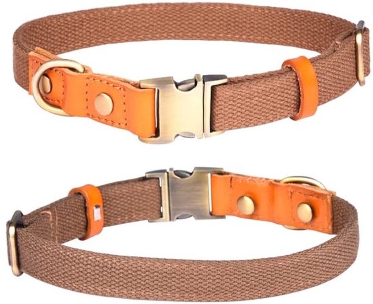 - Nylon halsband - Verstelbaar en ademend - Bruin - Veiligheidsgesp - Voor kleine en middelgrote honden - Comfortabel en zacht