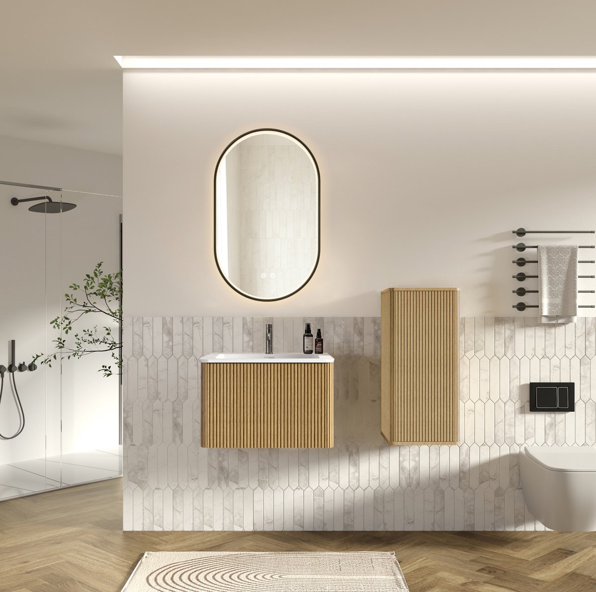 FloraGrace Badkamermeubelset - Wandhangend Met LED Spiegel En Wastafel - Modern Minimalistisch Voor Kleine Badkamers - Eiken - 60 Cm