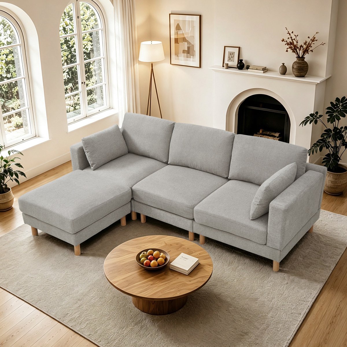 OKWISH Hoekbank 3-zits met Hocker 235 x 152 x 78 cm – L-vormig, Met Zachte Stoffen Bekleding, Houten Poten – Voor Woonkamer – Polyester – Grijs