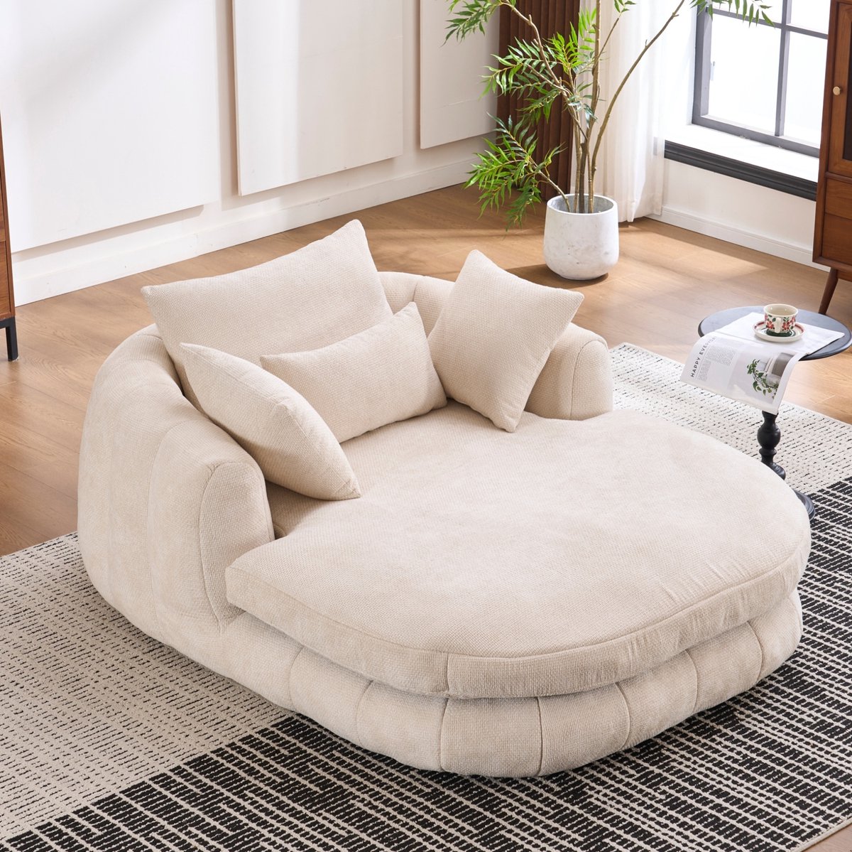 OKWISH Chaise Longue 1-Zits - Extra Diepe Lounge Fauteuil Met Kussens - Zachte Chenille Voor Woonkamer, Slaapkamer En Leeshoek - Wit