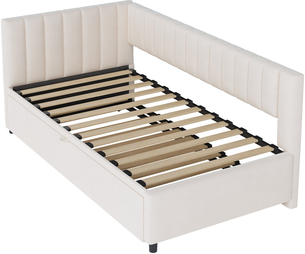 COVREO Bedbank 90x200 cm beige velours met uitrolbed zonder matras