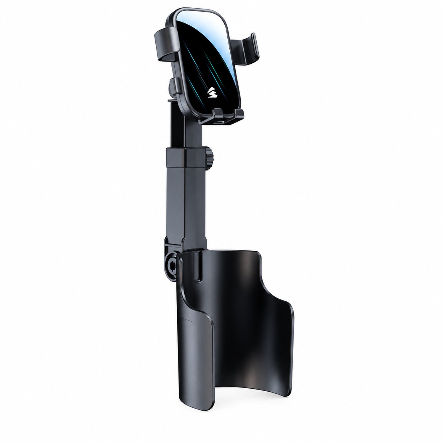 Telefoonhouders auto: bekerhoudermodel met telefoonklemming, in hoogte verstelbaar