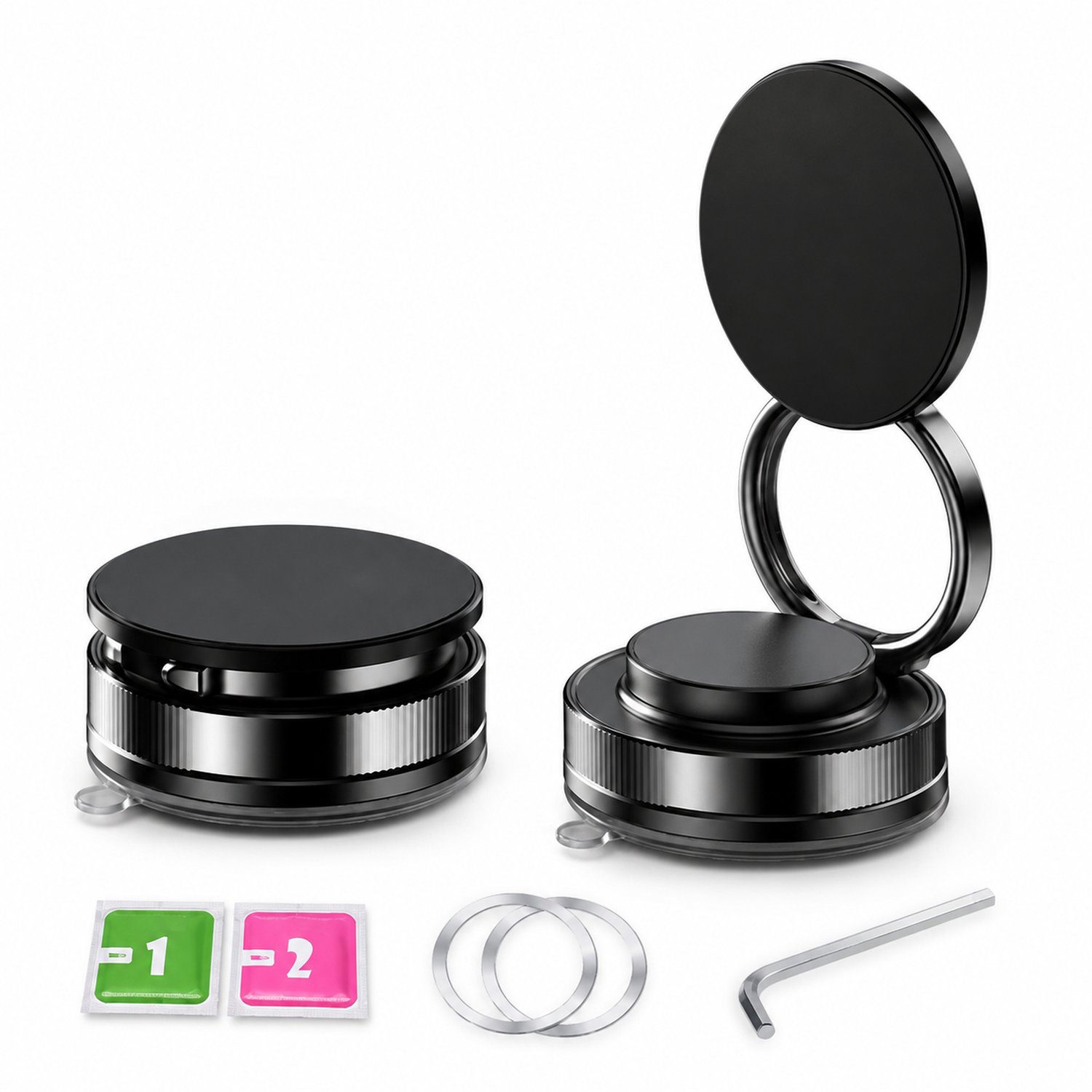 telefoonhouders auto - zwarte magnetische houder met dubbele ring - draaibaar en inklapbaar, met vacuümzuigvoet - verpakking 8,2 x 5,6 x 8,2 cm