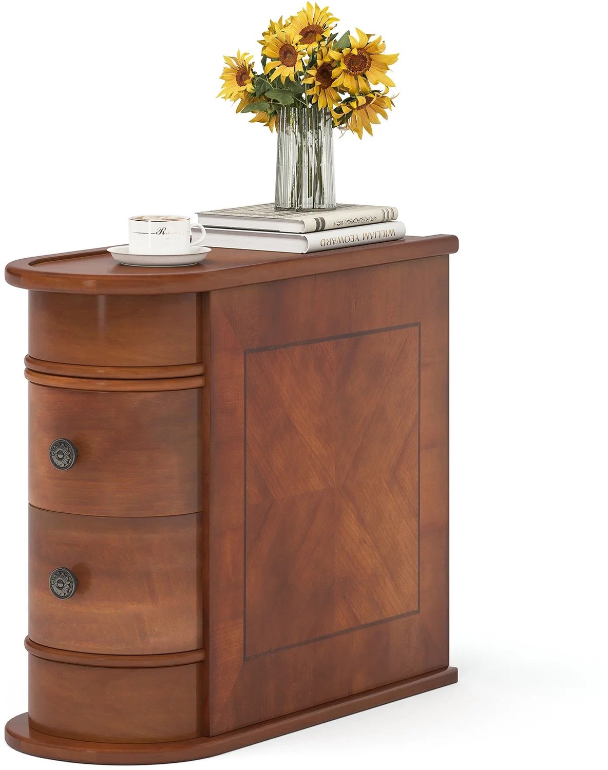 Nyoz smalle bijzettafel - Sidetable - Nachtkastje - 2 lades - 60 x 27,5 x 60 cm - Ruimtebesparend - Houtlook - Bruin - Gemonteerd