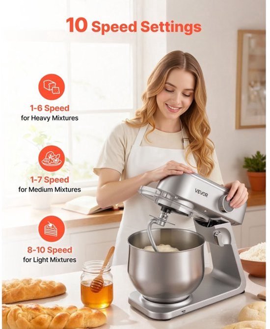 Keukenmachine Staande Mixer - 1800 W Vermogen - 7,4 L Roestvrijstalen Kom - 10 Snelheden - ABS Materiaal - Voor Bakken En Mixen — afbeelding 4