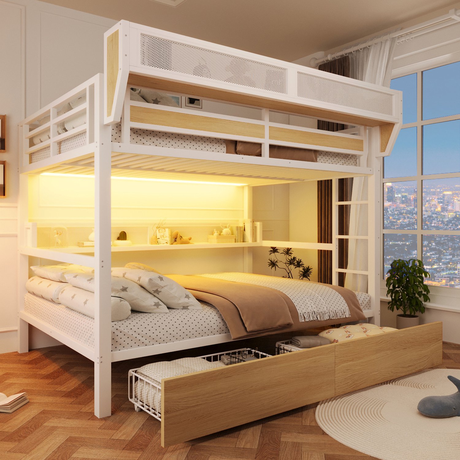 COVREO Stapelbed met LED-verlichting – 140x200 cm – Hoog bed met 2 metalen lades – Met rek en opbergmand – Wit - zonder matras