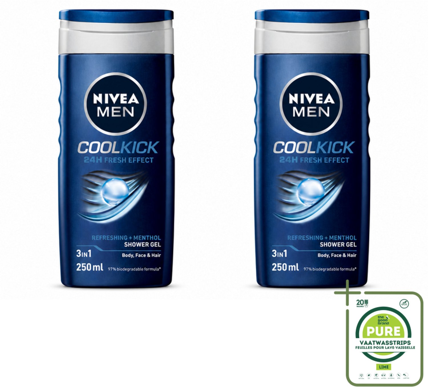 2 x NIVEA MEN - Douchegel - Cool Kick - 250 ml - Grootverpakking - Vaatwasstrips - Douchegel - Shampoo - Frisheid - Verkoeling - Mannelijke Geur