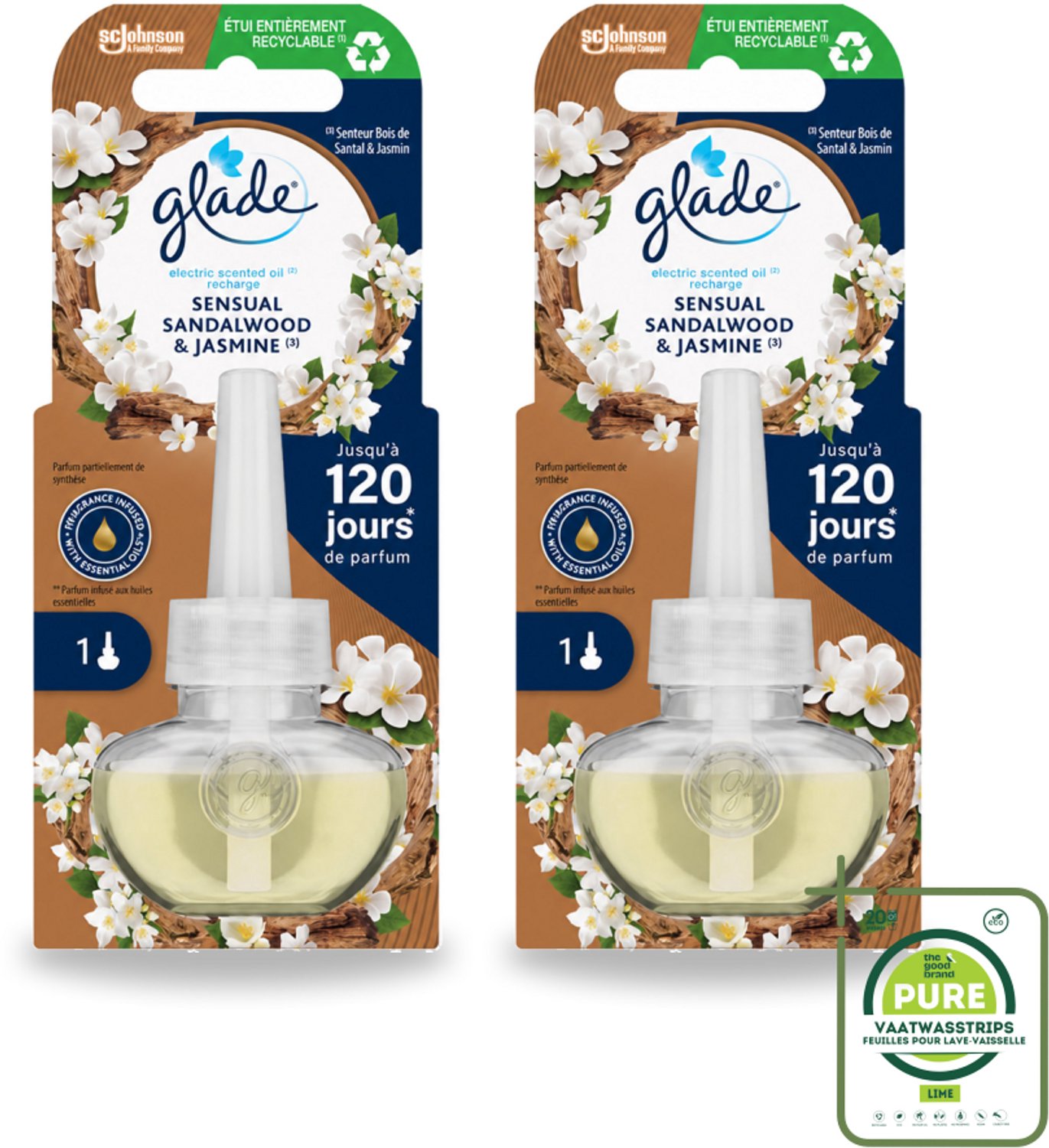 2 x Glade - Navulling Elektrische Olie - Sensual Sandelhout Jasmijn - 20 ml - Grootverpakking - Geur - Sandelhout - Jasmijn - Geurhoudend - Geurverspreiding