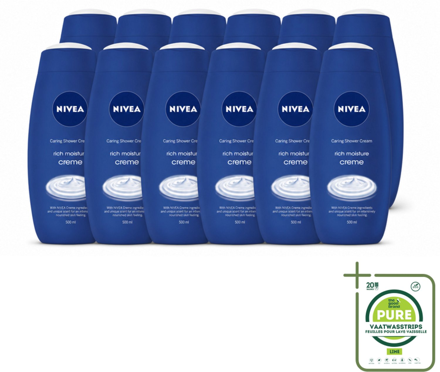 12 x NIVEA - Douchecrème - Rijke Hydratatie - Voedend Huidgevoel - 500 ml - Grootverpakking - Vaatwasstrips - Douchecrème - Voedende Douchecrème - Hydratatie - Huid Verzorging - NIVEA