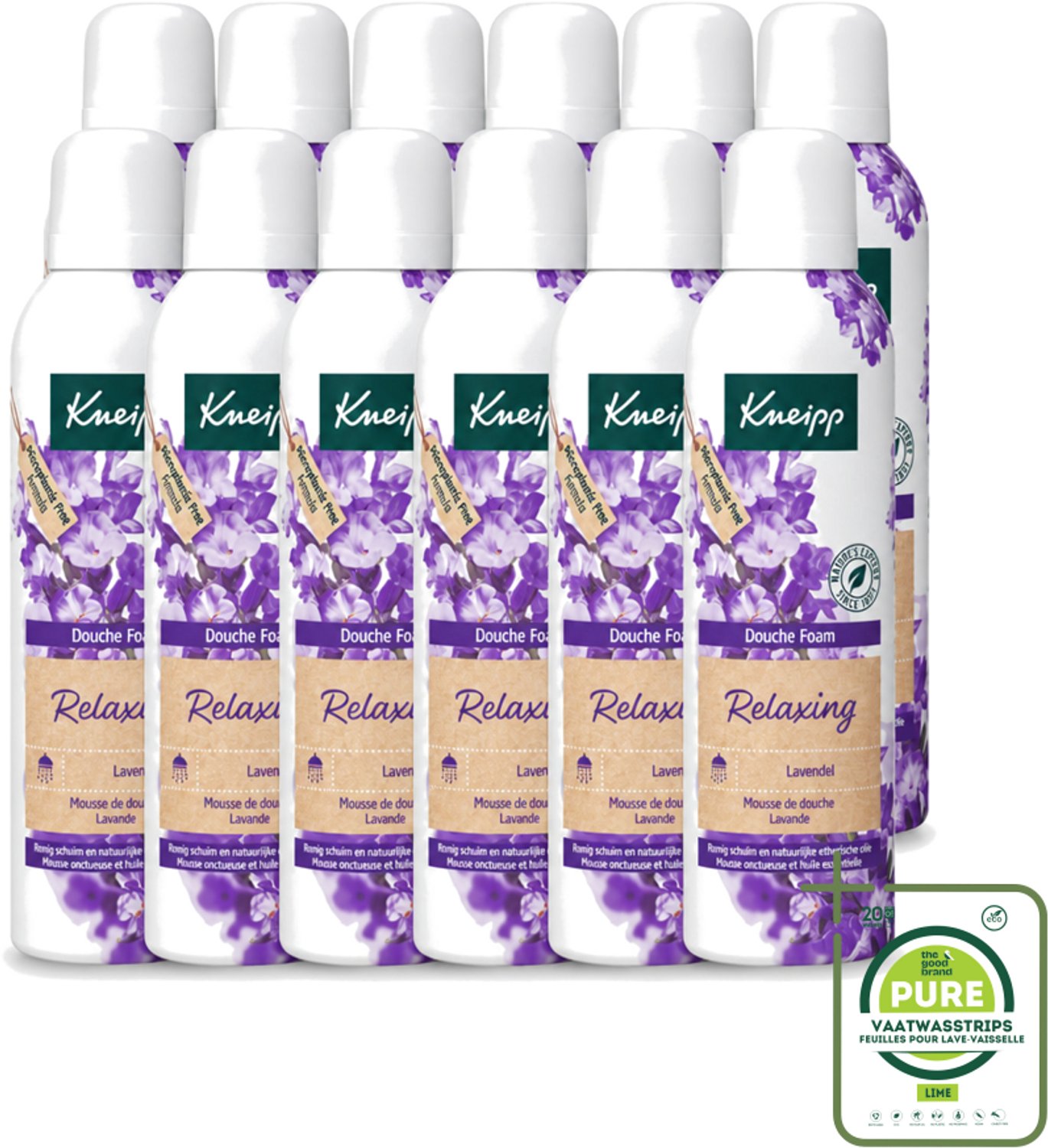 12 x Kneipp - Douche schuim - Relaxing - Lavendel - 200 ml - Grootverpakking - Vaatwasstrips - Douche Schuim - Ontspanning - Lavendel - Rust - Natuurlijke Geur