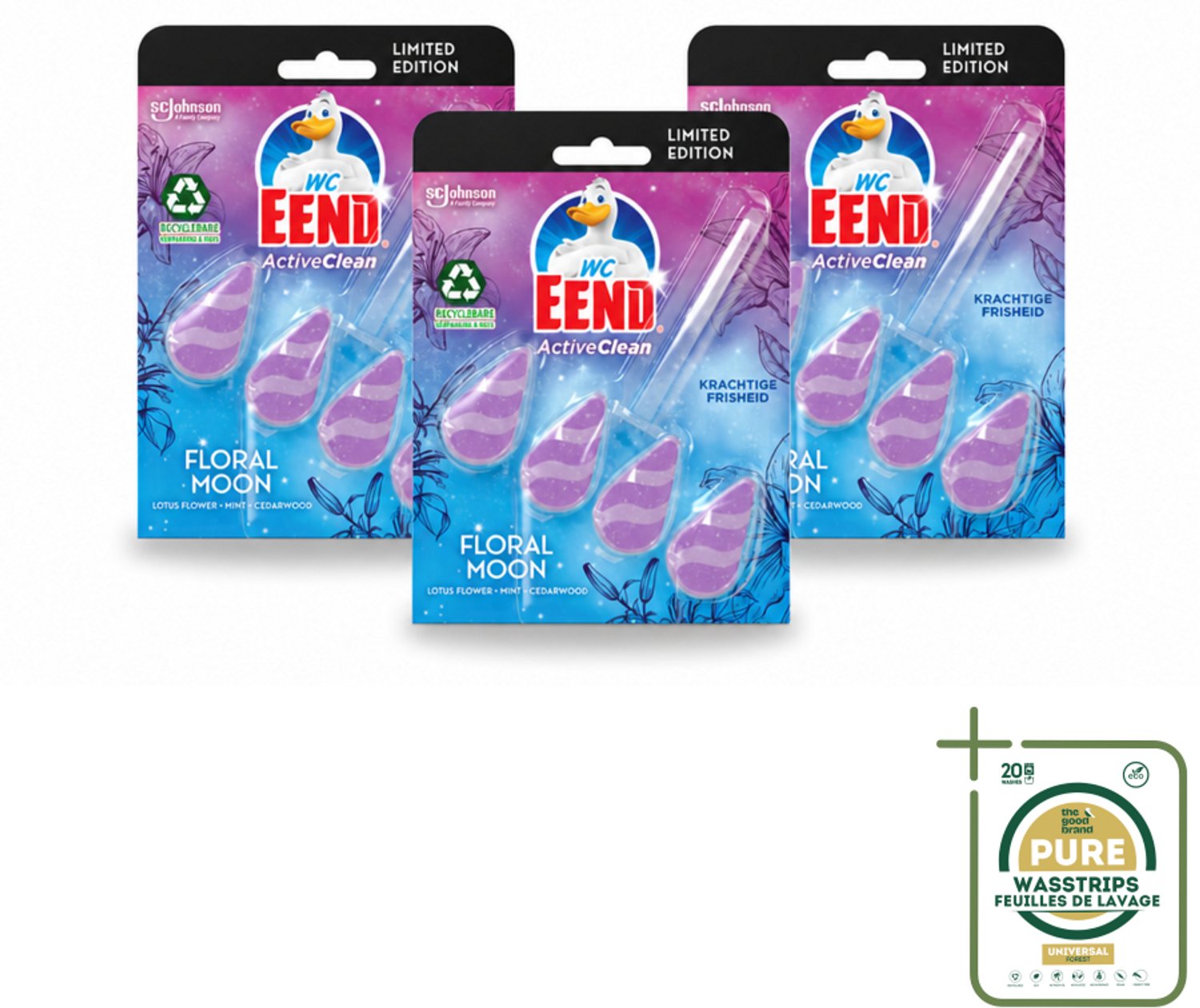 3 x WC Eend - Active Clean Floral Moon - Toiletblok - Lotus, Munt & Cederhout Geur - 38 gr - Wasstrips - Toiletblok - Toiletgeur - Actieve Reiniging - Frisheid - Bloemige Geur