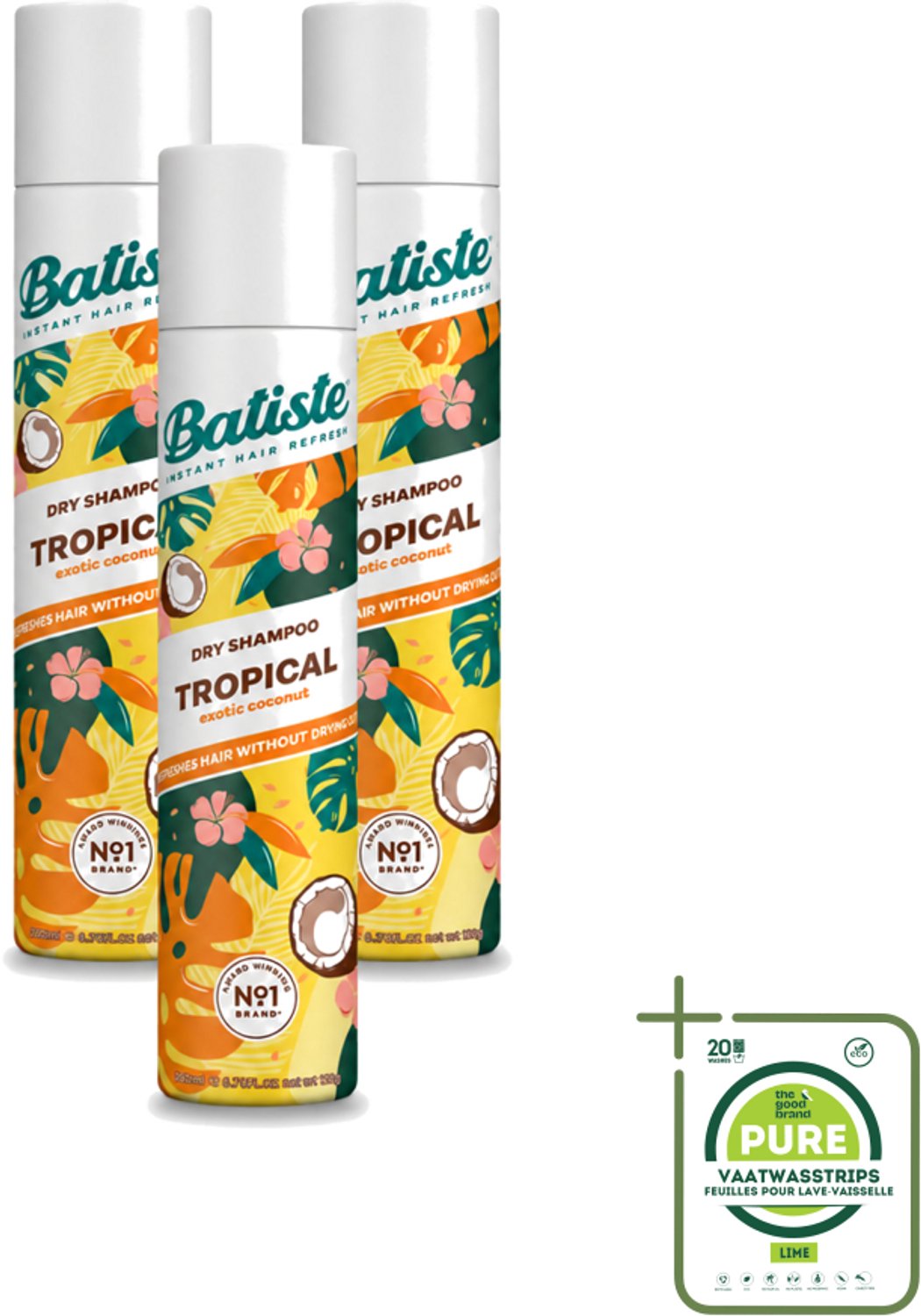 3 x Batiste - Tropical - Droogshampoo - Tropische Geur - Verfrist en Stylet - 200ml - Grootverpakking - Vaatwasstrips - Droogshampoo - Fris Haar - Tropische Geur - Haarkleur - Haartype