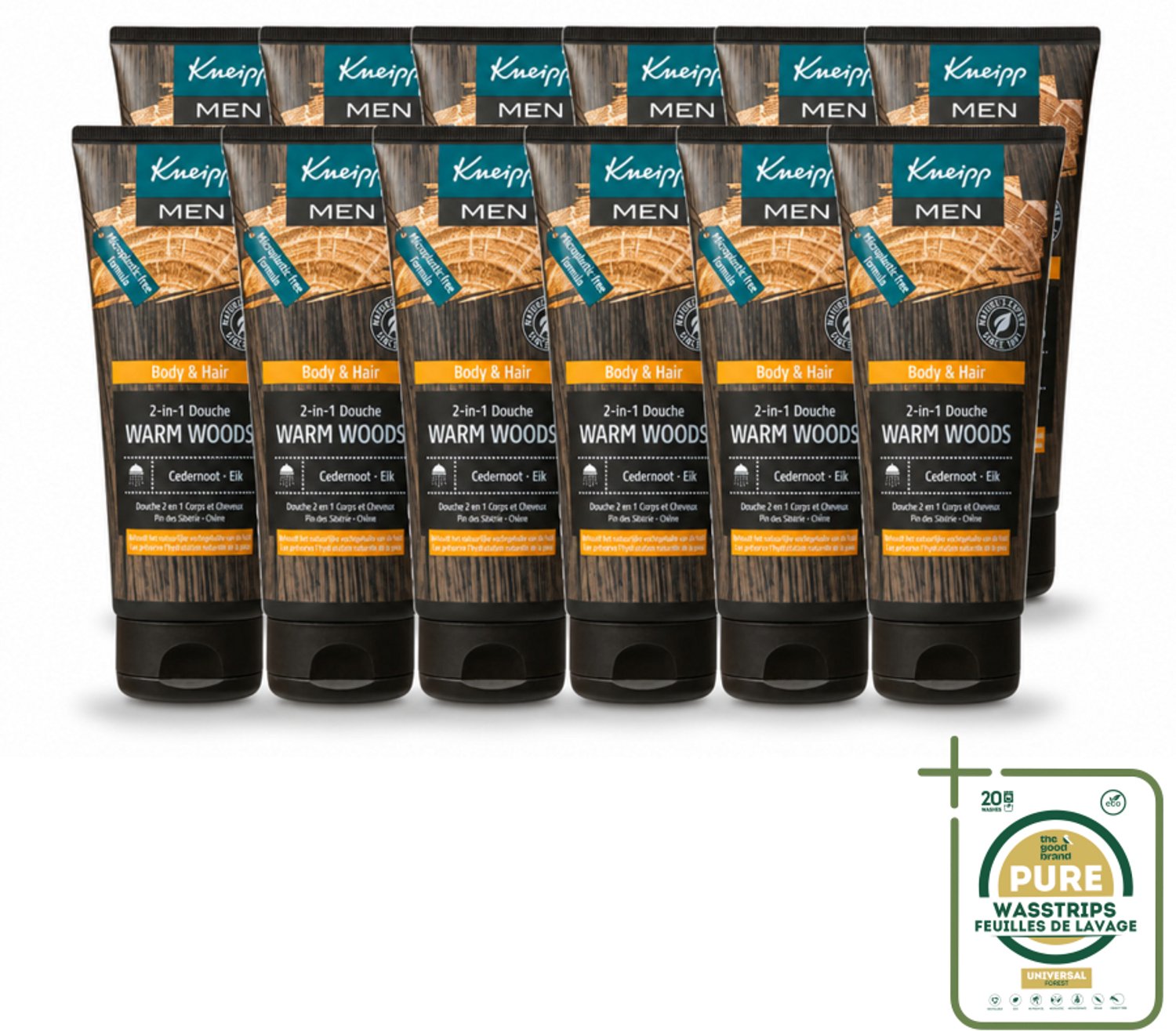 12 x Kneipp - Douchegel - Men - Warm Woods - 2-in-1 - 200 ml - Wasstrips - Douchegel Mannen - Natuurlijke Verzorging - Huid Verzorging - Haar Verzorging - Warm Woods Geur