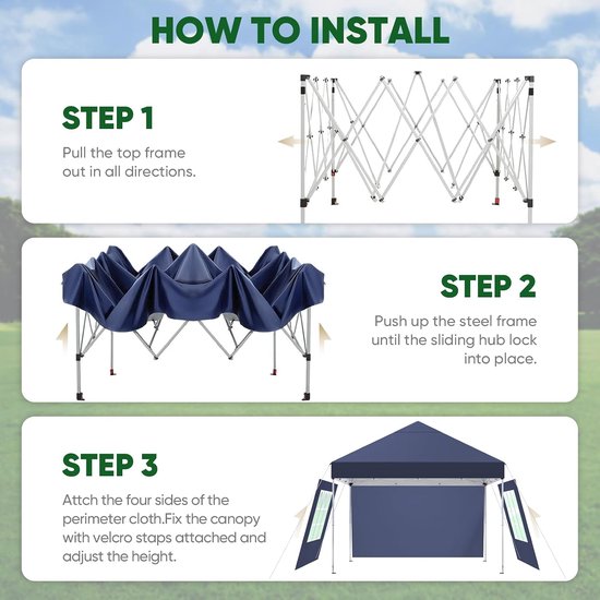Opvouwbaar paviljoen, 3 x 3 m, opvouwbaar, waterdicht, outdoorpaviljoen, duurzaam, pop-up tuin, paviljoen, met 4 zijwanden, anti-uv 50+, in hoogte verstelbaar, voor feestjes, camping, — afbeelding 5