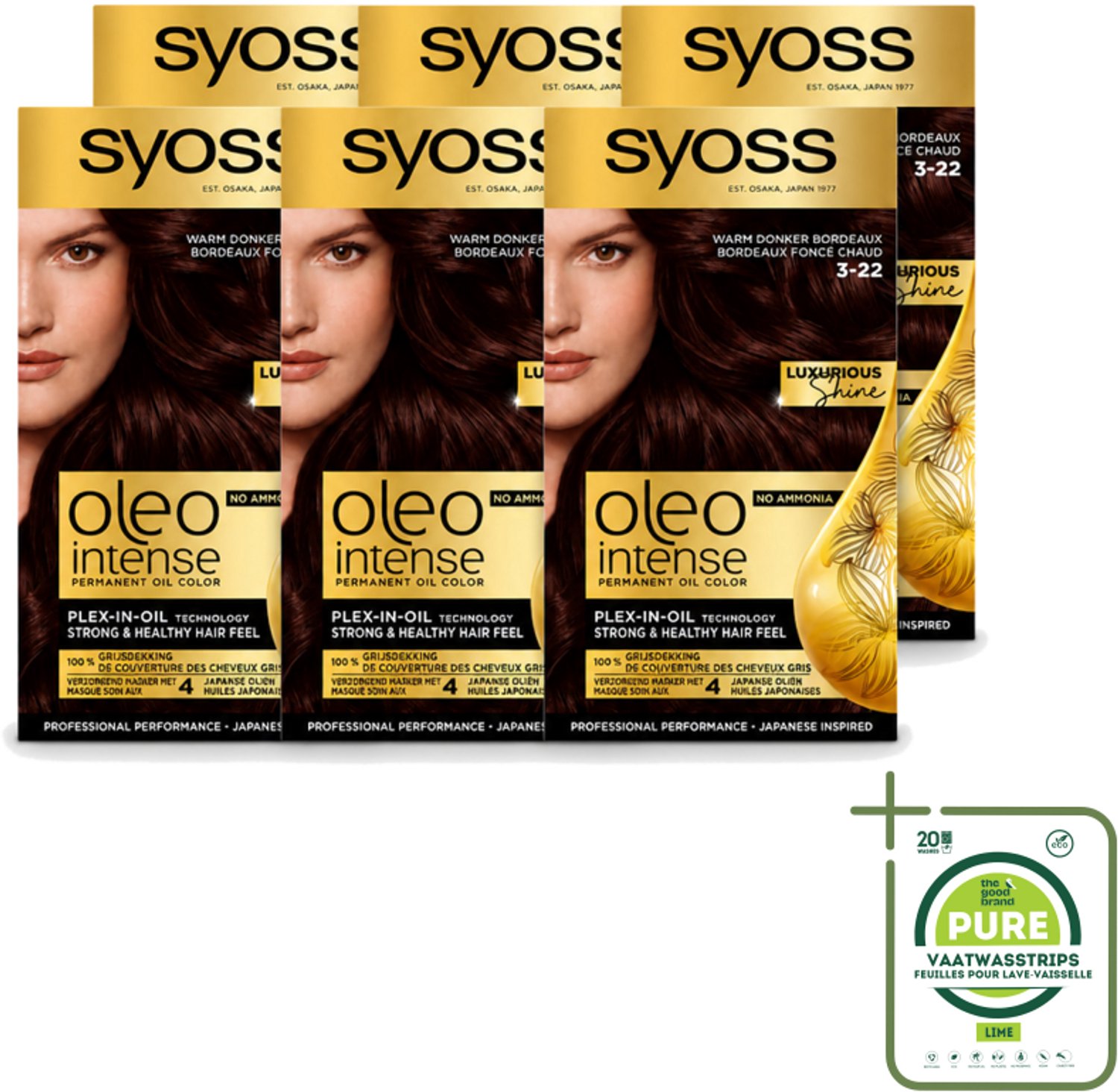 6 x SYOSS - Oleo Intense 3-22 - Haarverf - Permanente Haarkleuring - Warm Donker Bordeaux - Langdurige Kleur - Grootverpakking - Vaatwasstrips - Haarkleur - Haarkleuring - Bordeauxrood - Olieformule - Grijsdekking