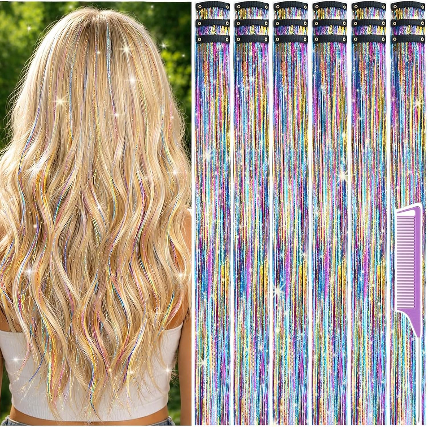 Hair Tinsel Clip-In, 18 stuks Glitter Haarstrengen, 60 cm