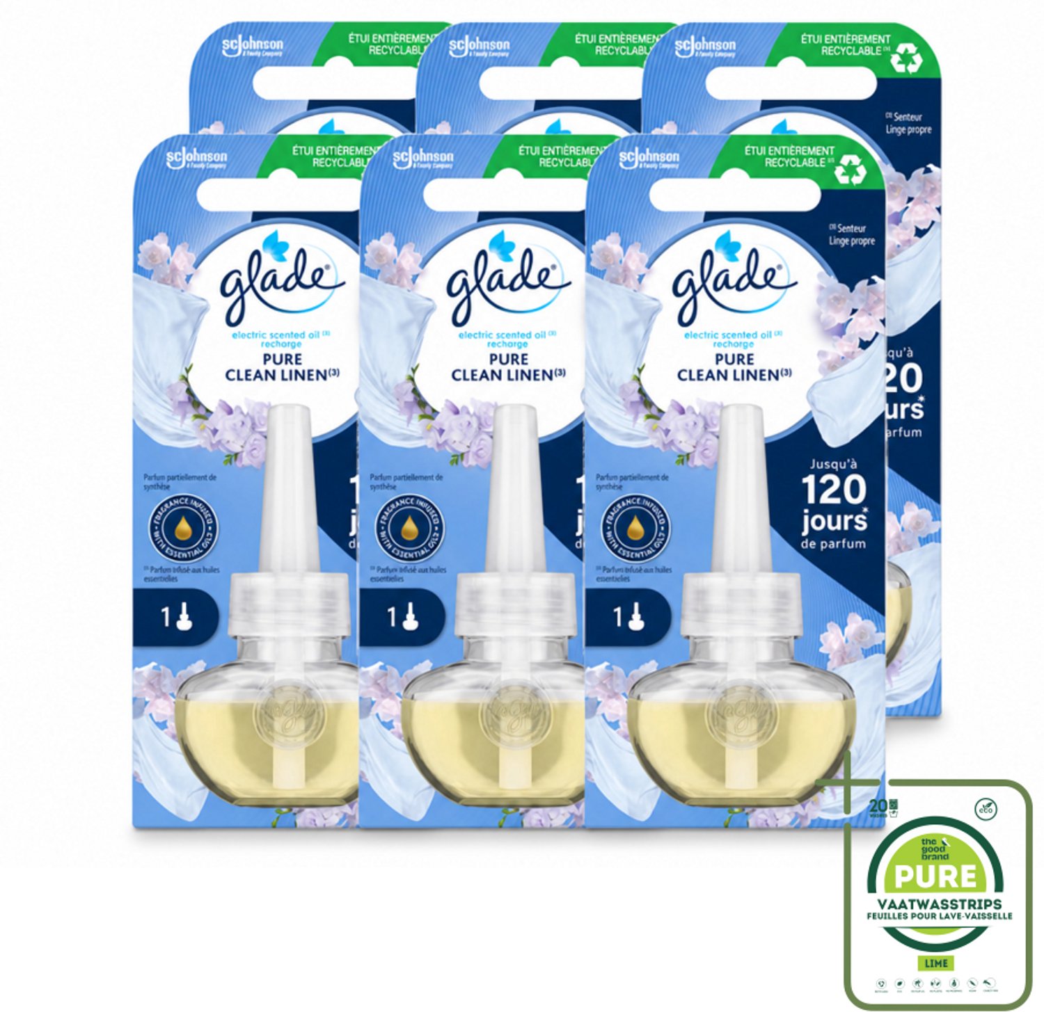 6 x Glade - Navulling Elektrische Olie - Pure Clean Linen - Zonder Houder - Grootverpakking - Vaatwasstrips - Geur - Linen - Sfeer - Geurafgifte - Essentiële Oliën
