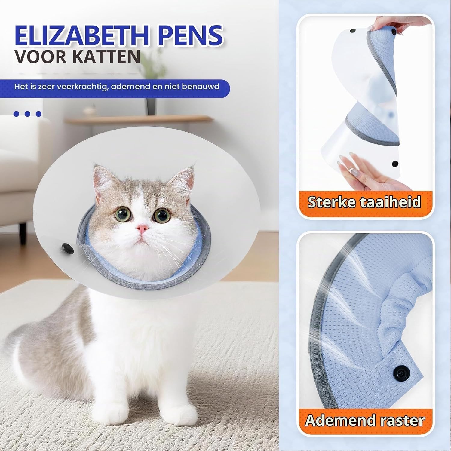 Verstelbare en afneembare waterdichte Elizabethaanse halsband voor katten - Zacht en comfortabel herstelhalsband voor na de operatie, voorkomt likken (Blauw, S)