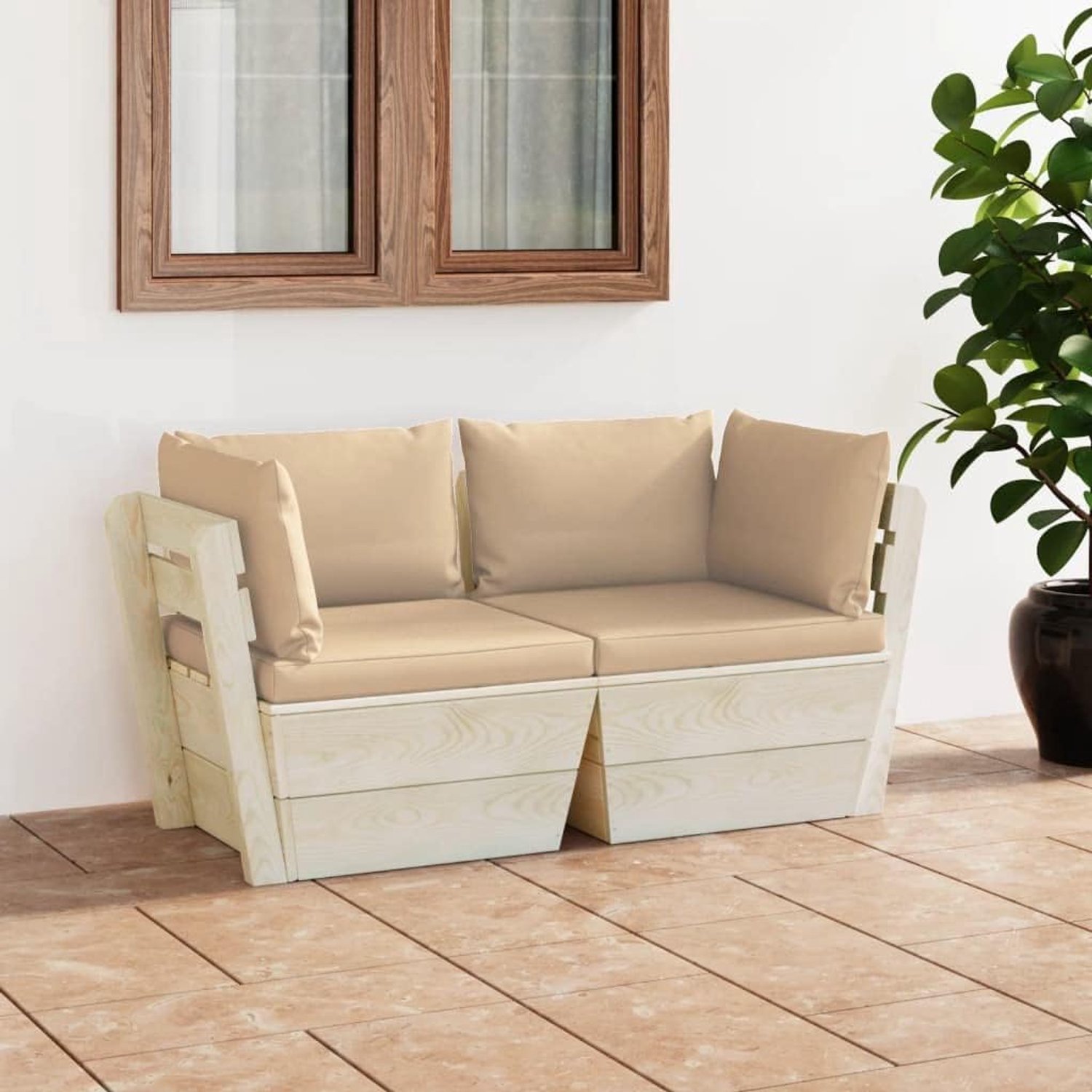 Palletsofa 2-zits tuinbank met kussens, sparrenhout, balkonmeubelset, tuinmeubelset, outdoor meubelset, voor terras, tuin, balkon