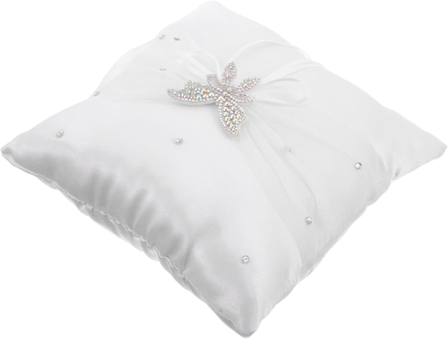 Witte Bruiloft Ringkussen van Duurzaam Satijn Kant met Rhinestone Vlindervormige Strik Ringdrager voor Kerkceremonies Bruidsfeest Decoratie