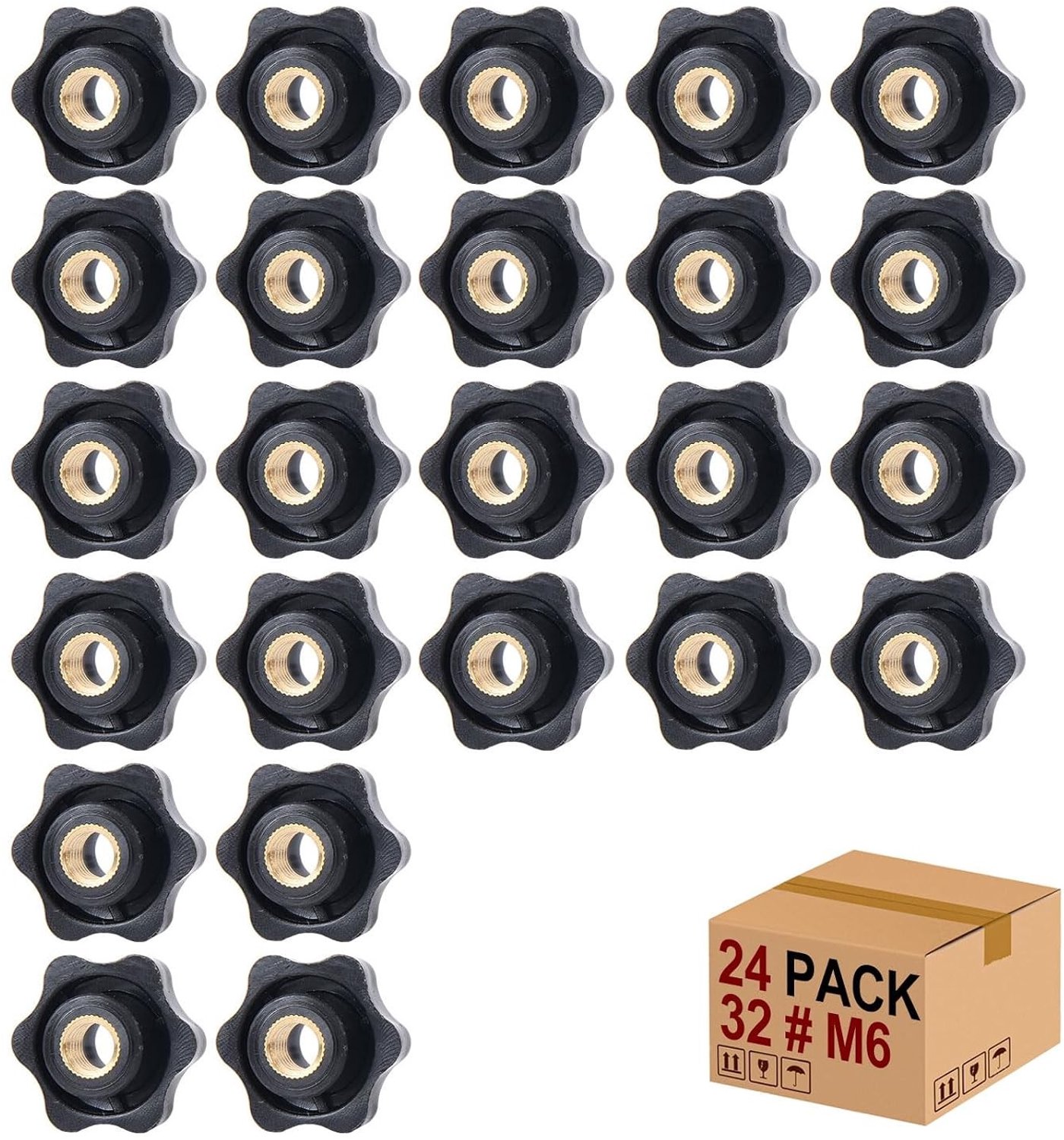 Set van 24 M6 Gripmoeren met een buitendiameter van 32 mm voor bevestiging, gereedschap en meubels, ideaal voor machines en fitnessapparatuur