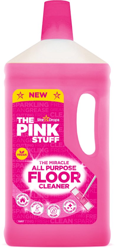 Roze fles met 'The Pink Stuff' allesreiniger, 1 liter. "NEW SPARKLING FRESH", "VEGAN", "ALL PURPOSE FLOOR CLEANER".