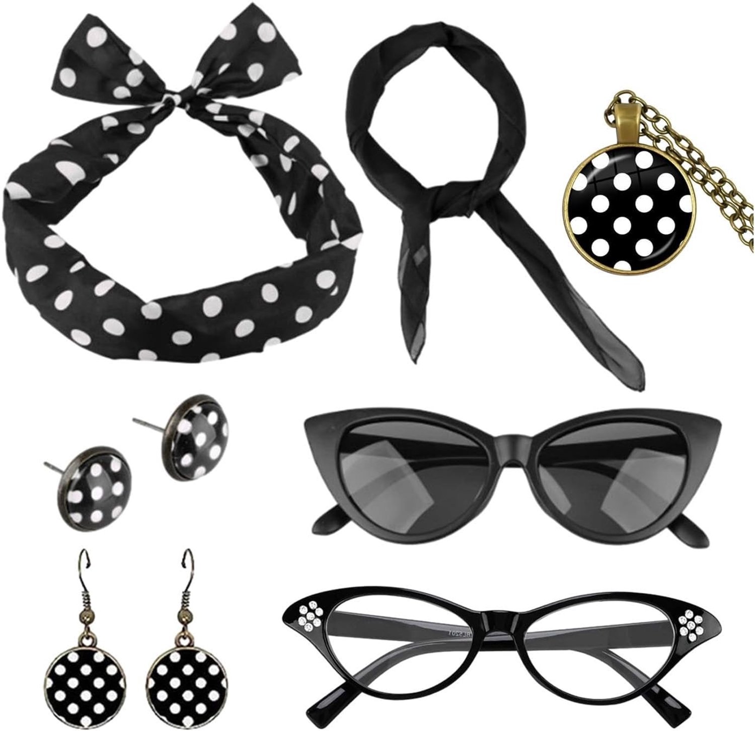7-delig Kostuum Accessoire Set - Vintage Jaren 50 Stijl voor Vrouwen met Cat-Eye Bril, Haakoorbellen en Rockabilly Haarband, Perfect voor Feestjes en Themed Events