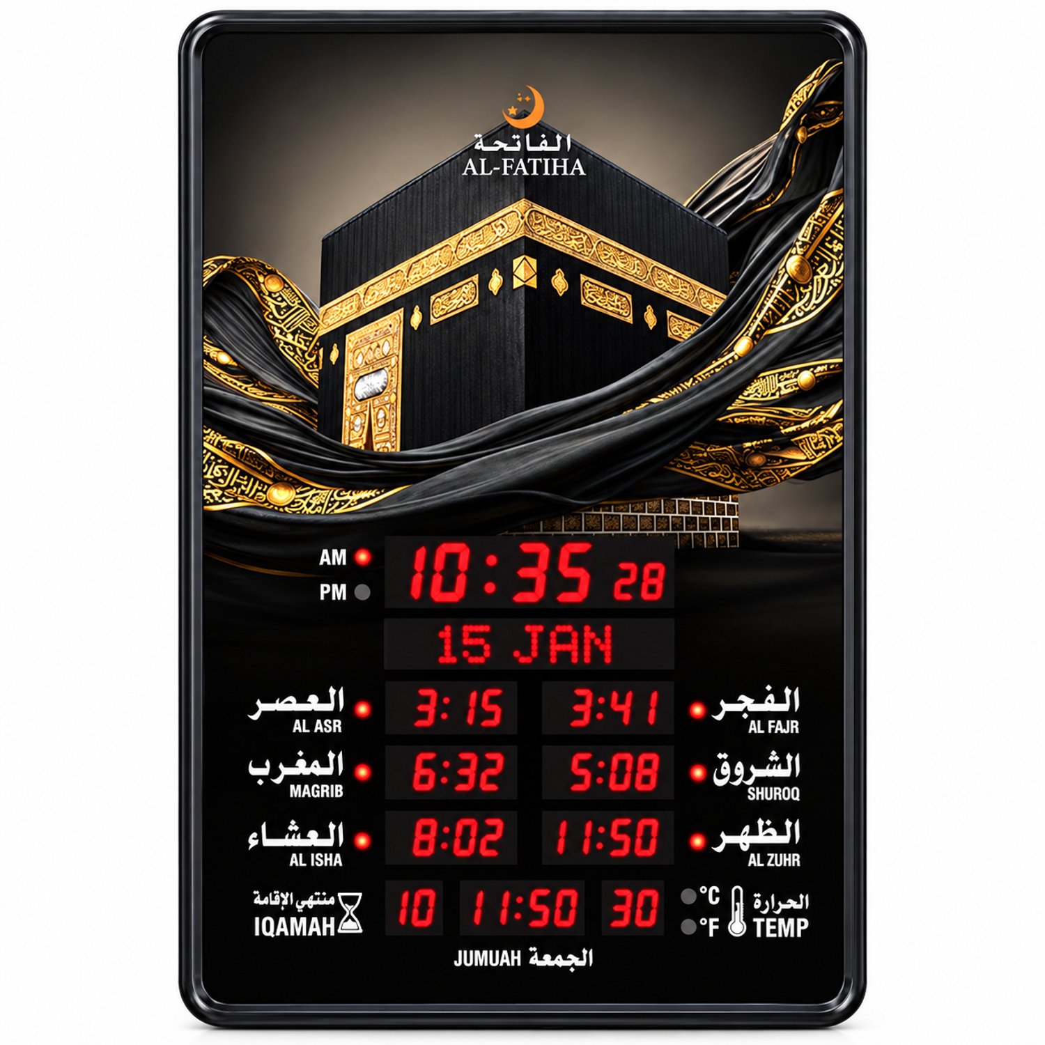 Yarvu ® AC 6340 XL - Azan Kalender Klok - Thema Kaaba + Islamitische Gebedsklok - Met Bluetooth - Moslim Gebed Klok - Adan - Groot 48*32 CM - Adhan Alarm