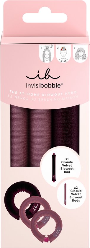 Verpakking van Invisibobble Blowout Secret set met drie fluwelen krulstaven en stappenplan voor thuisgebruik.