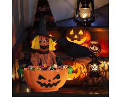 KI Store Halloween pompoen snoep houder, geanimeerde mand skeletgeest pompoen kom hand, snoepbowl houder emmer met lichtgevende ogen voor doodshoofd, decoratie, spookhuis, griezeligste Halloween