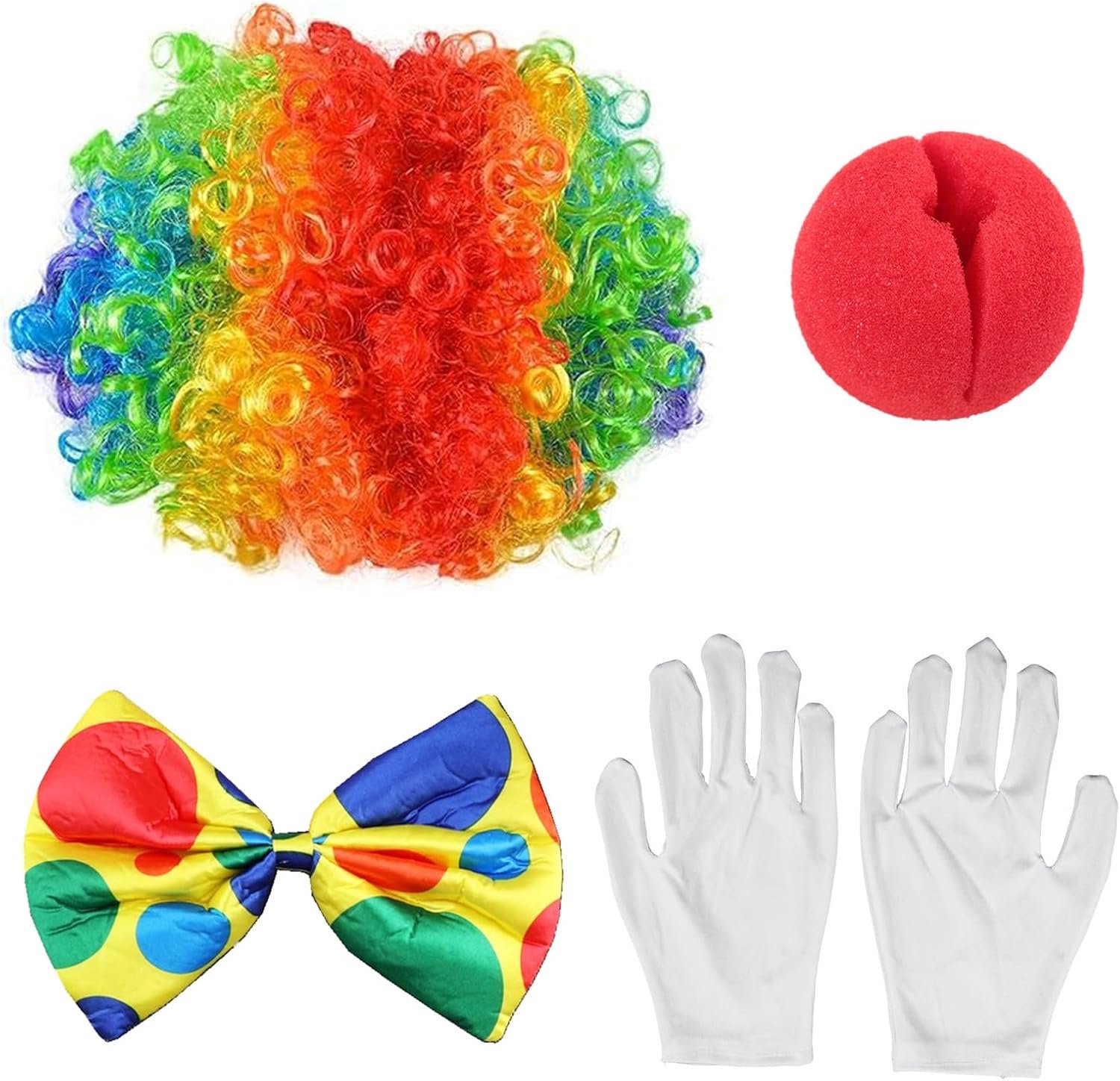 Clownkostuum, accessoires, 4-delig, pruik, neus, handschoenen, vlinderdas