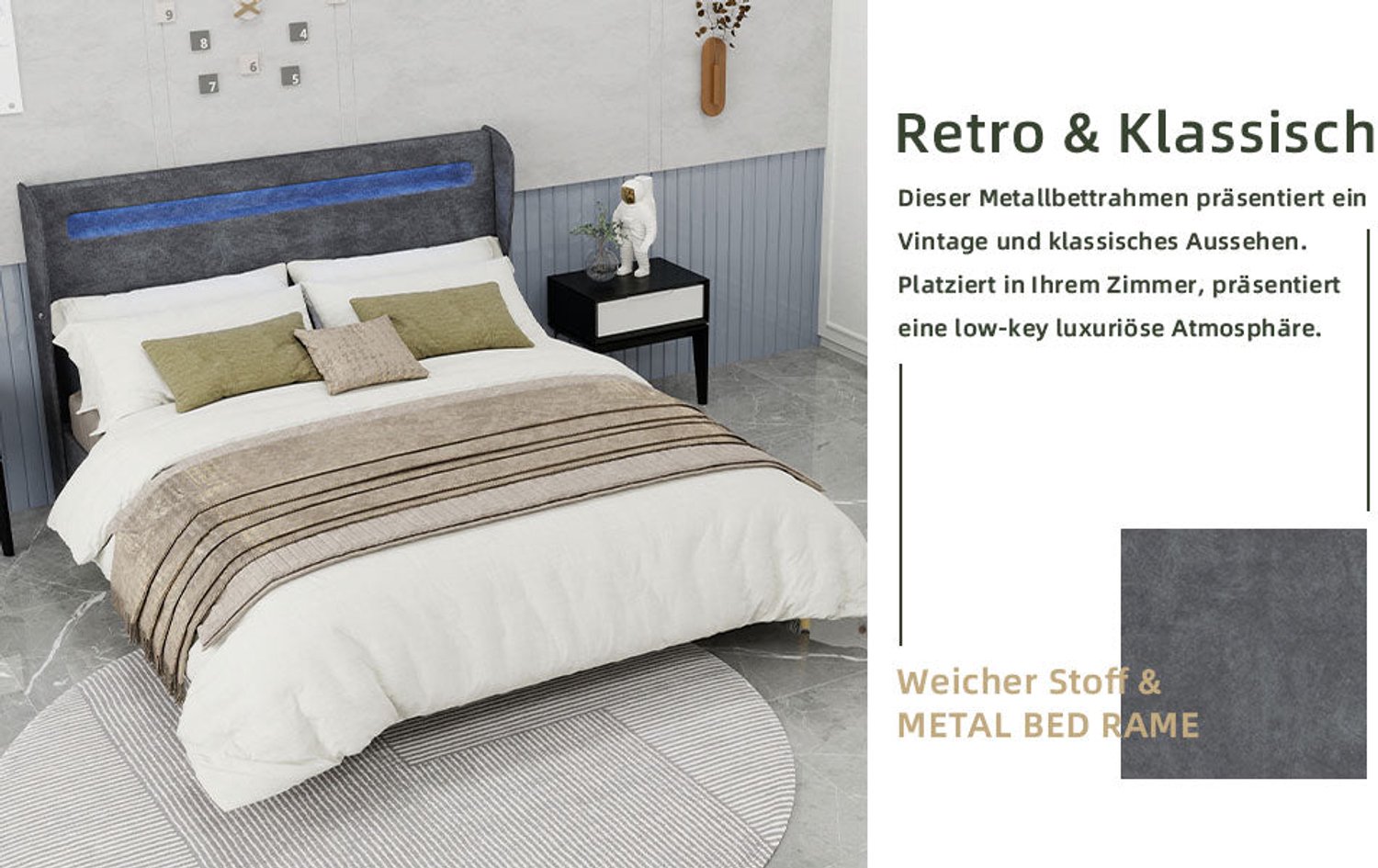 Merax Gestoffeerd Bed 160 x 200 cm - Grijs - LED Verlichting - Houten Lattenbodem - Tweepersoonsbed - Zonder Matras