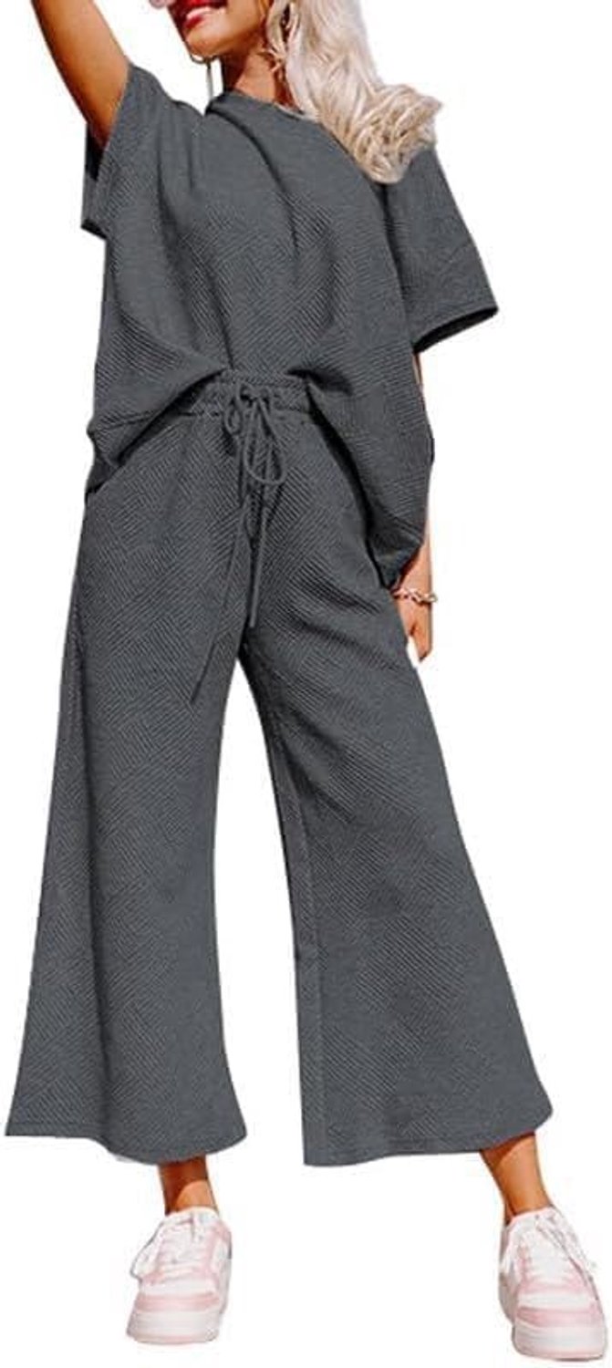 Tweedelige outfits voor dames, getextureerd, sweatpak, 3/4 mouwen, ronde hals, pullover, top, wijde pijpen, broek, trainingspak, set