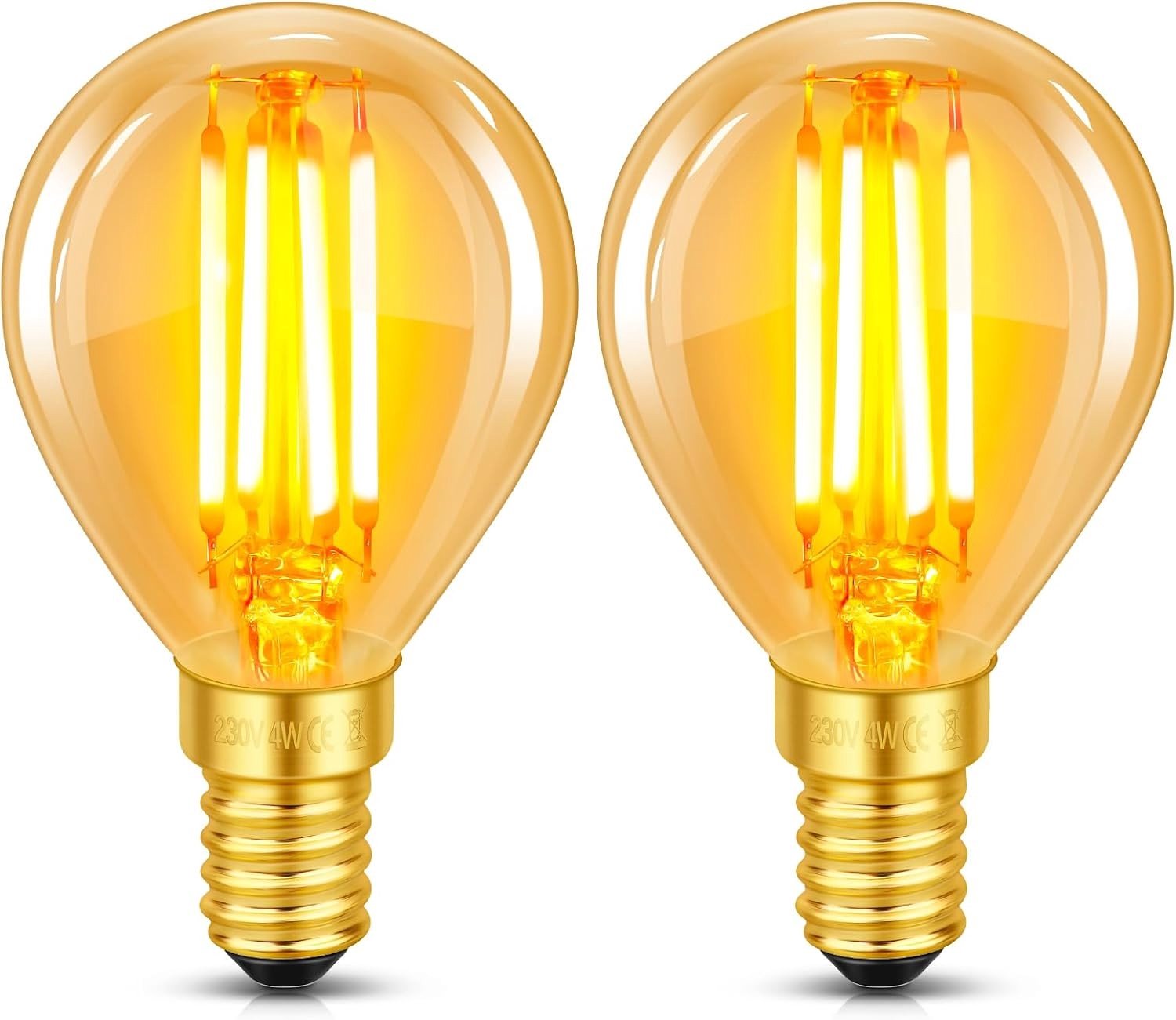 Set van 2 E14 LED Vintage Lampen, 4W Filament Vervangt 40W Gloeilamp, Warm Wit 2200K, Amber Glazen Bol, 400 Lumen, Golfbal P45/G45, Niet Dimbaar, Nostalgische Verlichting voor Thuis, Café en Bar