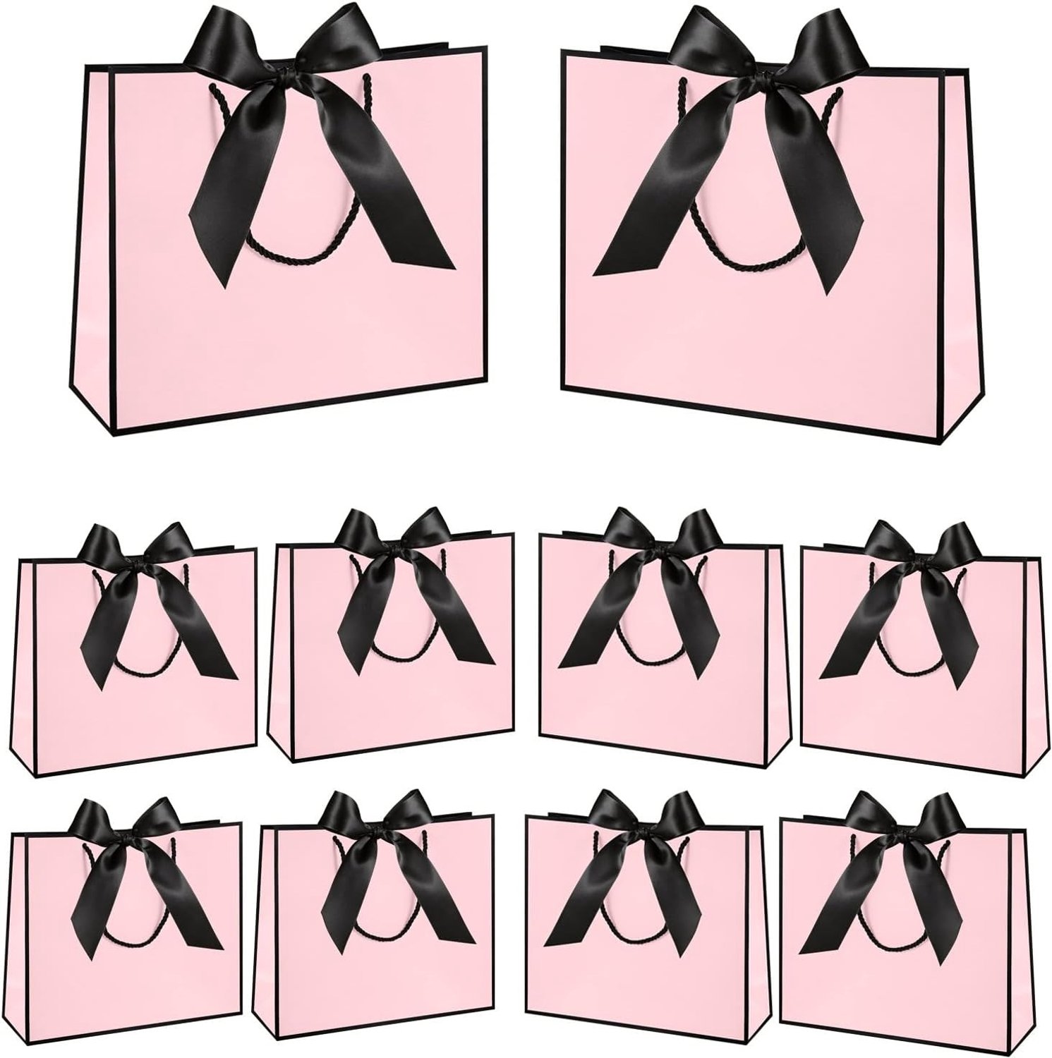 Papieren Cadeauzakken met Handvat en Strik voor Bruiloft, Babyshower en Verjaardagsfeest - Zwart en Roze, Set van 10 Stuks