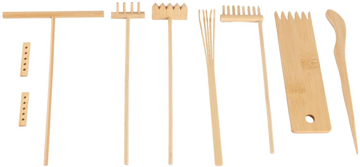Tuinharkset 7-delig - Bamboeharkenhouder - Compleet gereedschap - Ideaal voor zandtuinonderhoud - ShopVlot
