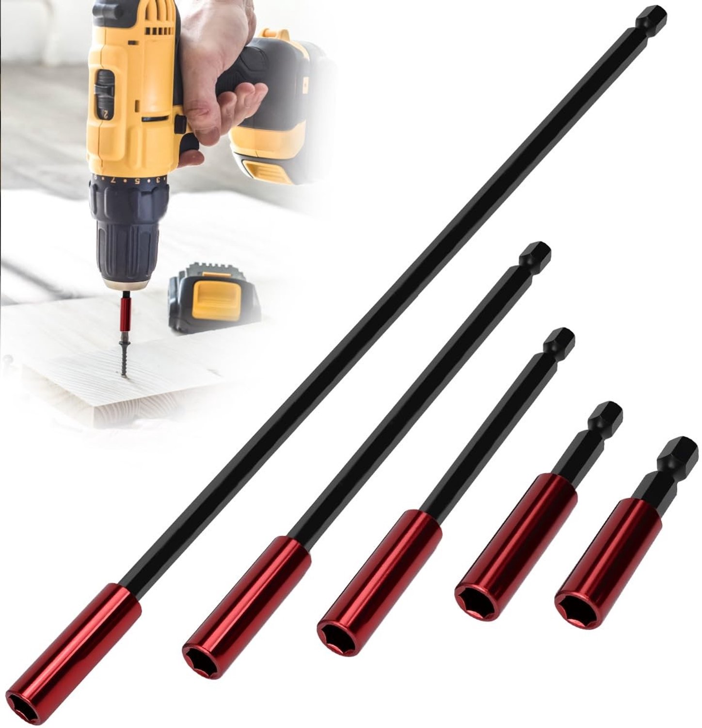 Magnetische Bit Houder Verlenging 50/60/100/150/300mm - Lange 1/4 Inch Bit Houder voor Bouw en Houtbewerking, 5 Stuks