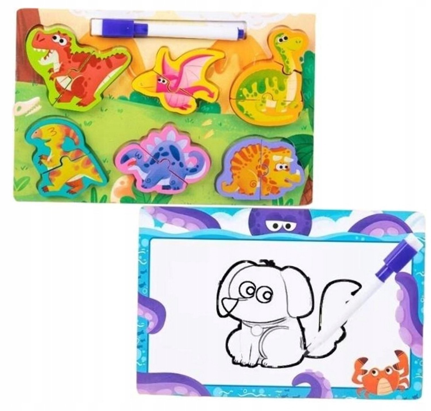 Houten Puzzel & Whiteboard 2-in-1 met Dino's