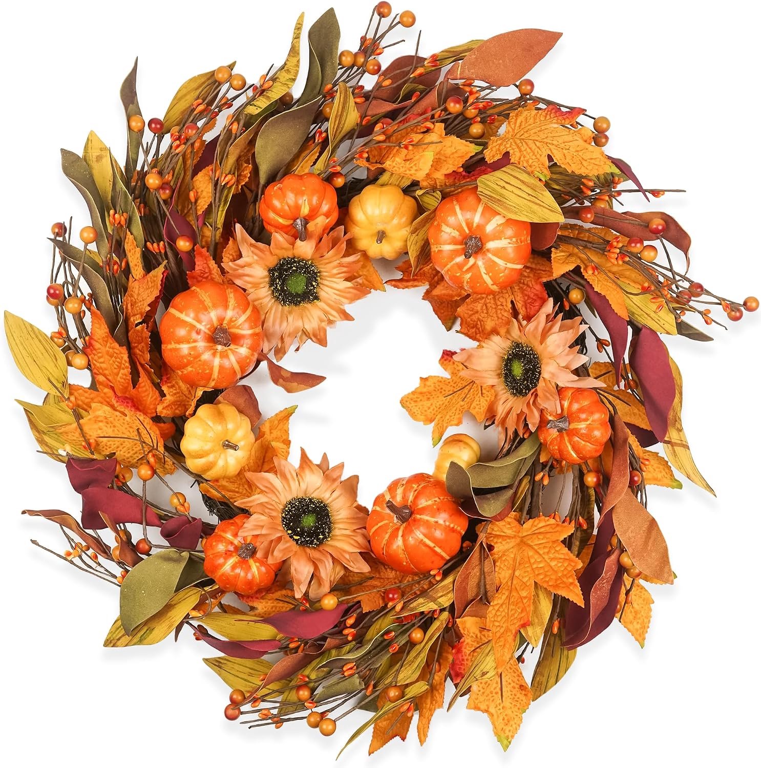 Herfstkransen voor voordeur 60 cm, herfstkrans met bessenpompoen, esdoornbladeren, oogstfestivaldecoraties voor binnen en buiten