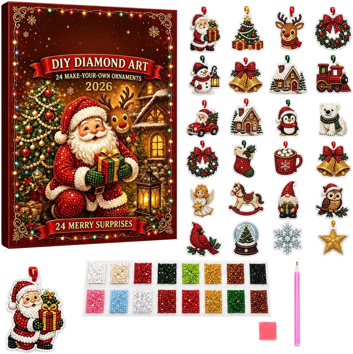 HisKes Adventskalender 2026 – Diamond Painting adventskalender – 24 dagen aftellen -Kerstthema – Cadeau voor de feestdagen – DIY Diamond Art – 24 acrylhangers – Inclusief complete gereedschapsset