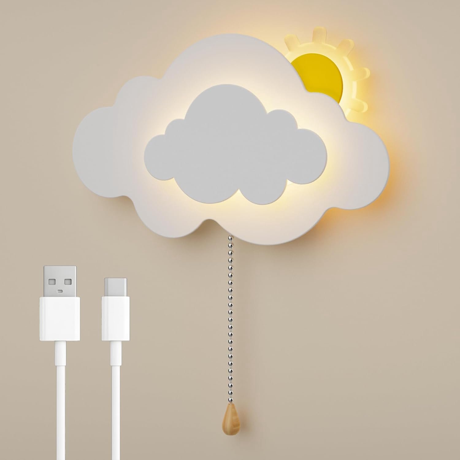 Wandlamp voor binnen voor kinderen, LED draadloos en oplaadbaar 4000 mAh, wolk wandlamp met snoerschakelaar voor babykamer en nachtkastje, 7 W, 560 lm, 3000K tot 6000K, wit [Energieklasse D]