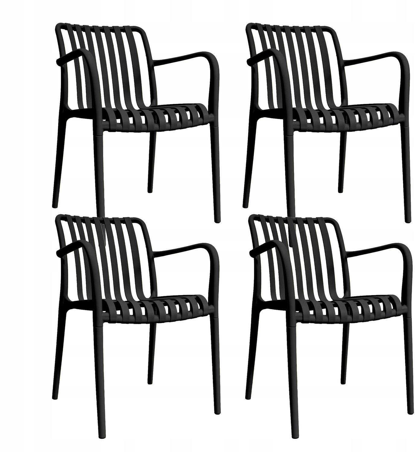 Set van 4 zwarte moderne tuinstoelen, stapelbaar, 120kg belastbaar