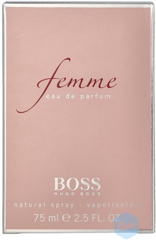 Roze verpakking van Hugo Boss Femme eau de parfum 75 ml, met tekst 'femme', 'BOSS' en 'natural spray'.