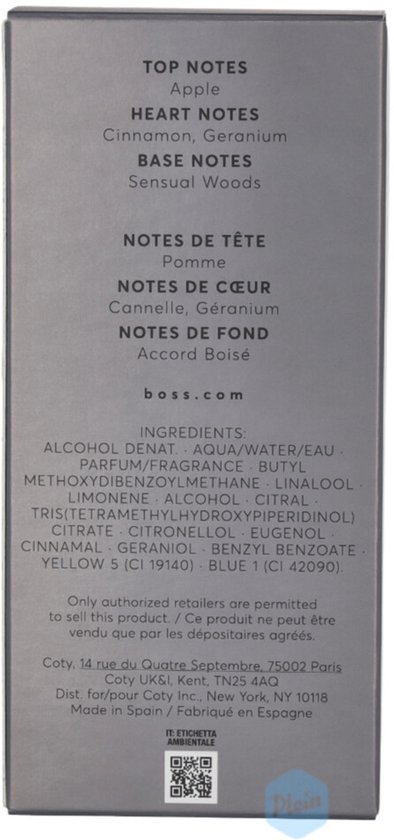 Zijkant van de Hugo Boss doos met
TOP NOTES: Apple, HEART NOTES: Cinnamon, Geranium, BASE NOTES: Sensual Woods en
NOTES DE TÊTE: Pomme, NOTES DE CŒUR: Cannelle, Géranium, NOTES DE FOND: Accord Boisé.
Onder andere 'boss.com' en ingrediënten staan vermeld.
