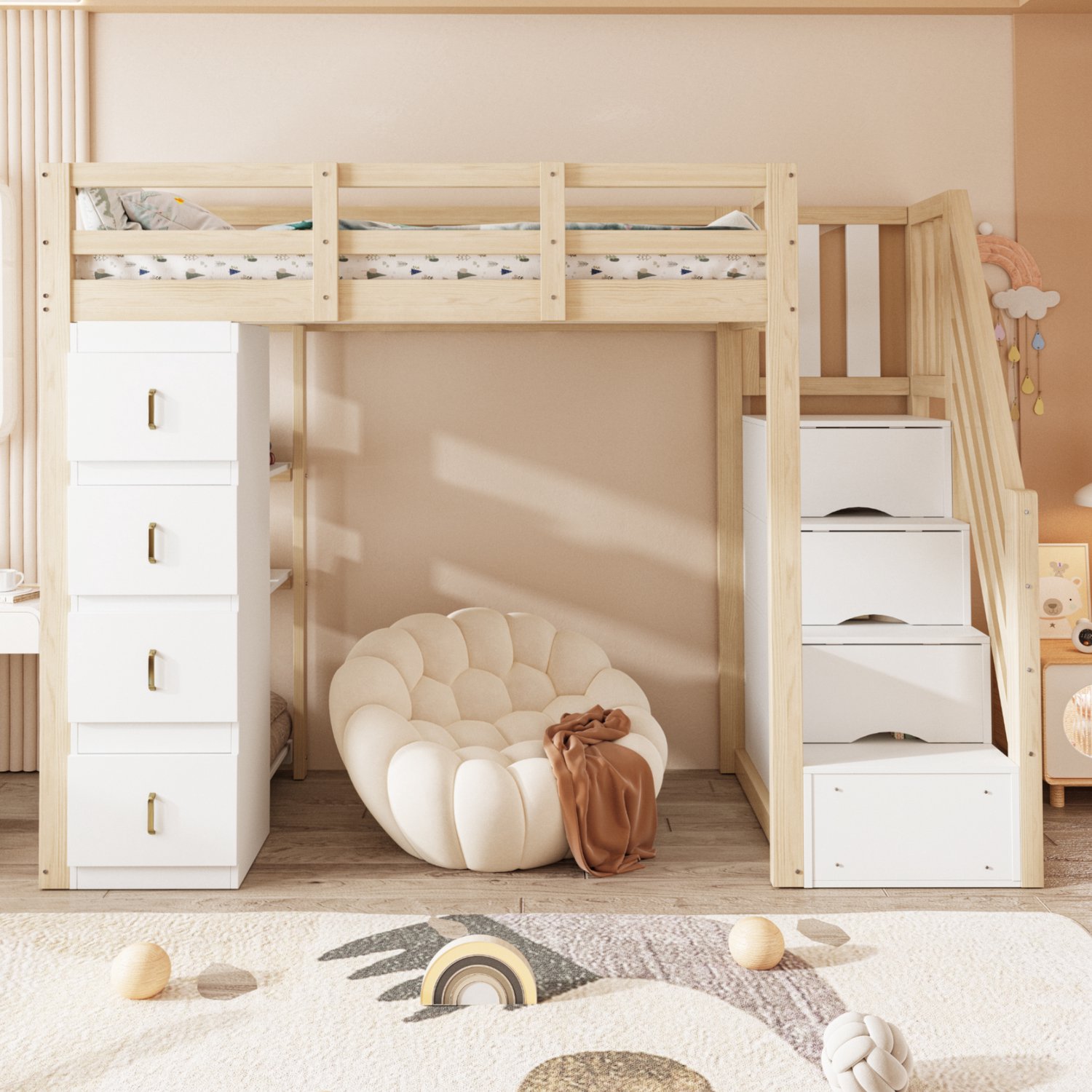 Merax Hoogslaper 90 x 200 cm met opberglades - meerlaagse boekenplank - veilige ladder met opberglades - houtkleur - zonder matras Wit en Houtkleur