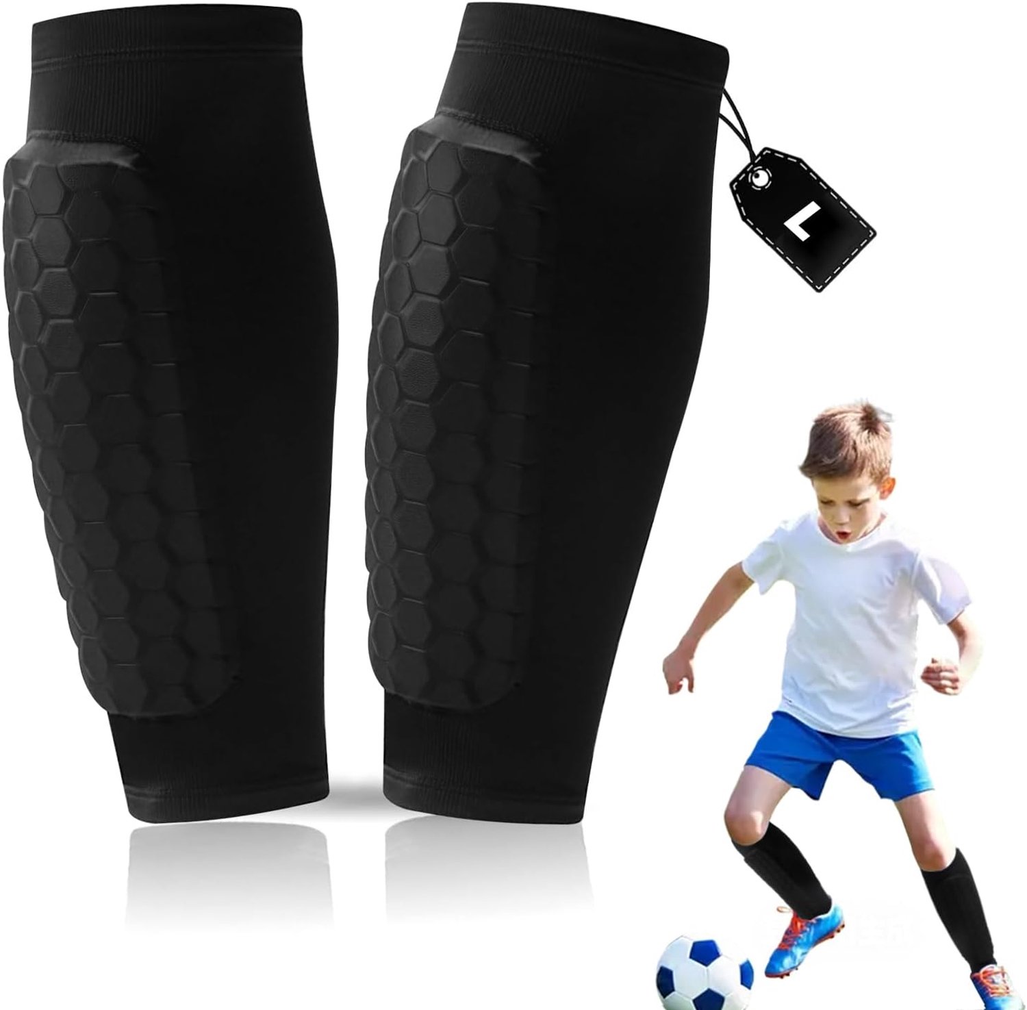 scheenbeschermers voor kindervoetbal, rondom bescherming, antislip en ademend nylon design, shin pads, geschikt voor skiën, fietsen, bergbeklimmen (L