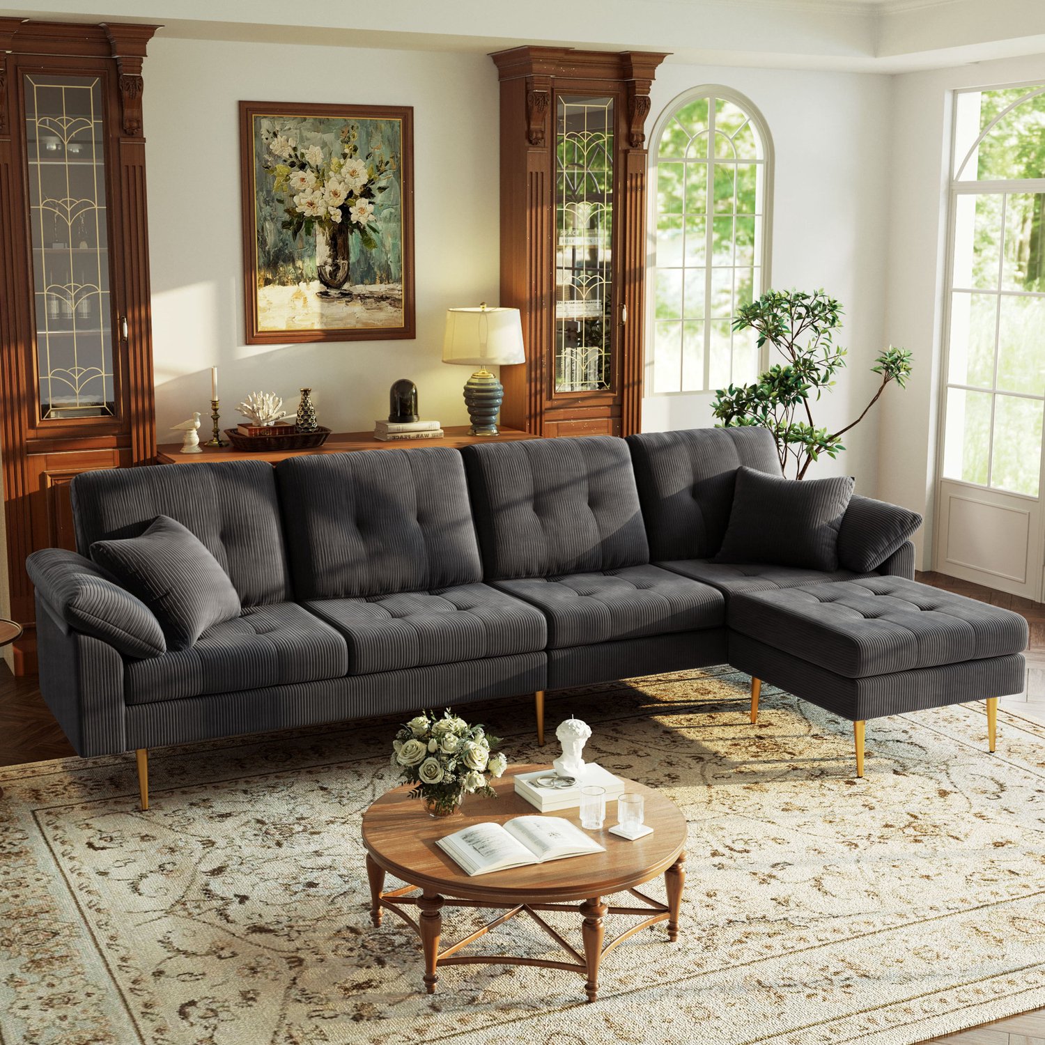 DESMIU Hoekbank 250 Cm - 4-Zits Met Verplaatsbare Hocker En Flexibele L-Vorm - Voor Woonkamer En Lounge - Ribfluweel Donkergrijs