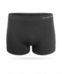 Donkergrijze short met zilverkleurige merknaam 'Gianvaglia Deluxe' op de tailleband.